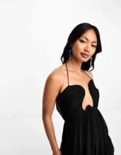 ASOS DESIGN Curved Bar Neckline Tiered Maxi Dress In Black -RIVER ISLAND || PULL & BEAR || ONLY Sales Store 204704721 3