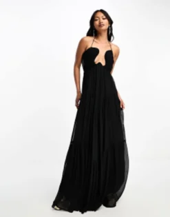 ASOS DESIGN Curved Bar Neckline Tiered Maxi Dress In Black -RIVER ISLAND || PULL & BEAR || ONLY Sales Store 204704721 4