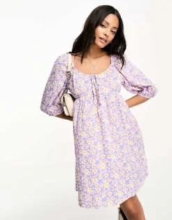 Wednesday's Girl Puff Sleeve Floral Print Mini Dress In Lilac