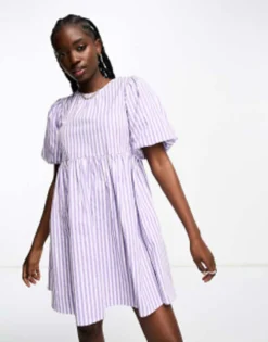 Wednesday's Girl Striped Open Back Cotton Mini Dress In Lilac