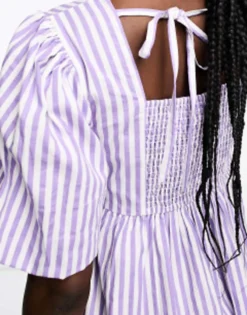 Wednesday's Girl Striped Open Back Cotton Mini Dress In Lilac -RIVER ISLAND || PULL & BEAR || ONLY Sales Store 204723133 3