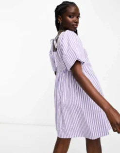 Wednesday's Girl Striped Open Back Cotton Mini Dress In Lilac -RIVER ISLAND || PULL & BEAR || ONLY Sales Store 204723133 4