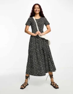 Wednesday's Girl Tiered Smudge Spot Midi Dress In Black
