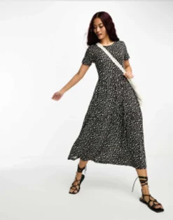 Wednesday's Girl Tiered Smudge Spot Midi Dress In Black -RIVER ISLAND || PULL & BEAR || ONLY Sales Store 204723157 3
