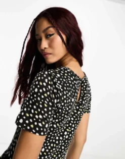 Wednesday's Girl Tiered Smudge Spot Midi Dress In Black -RIVER ISLAND || PULL & BEAR || ONLY Sales Store 204723157 4