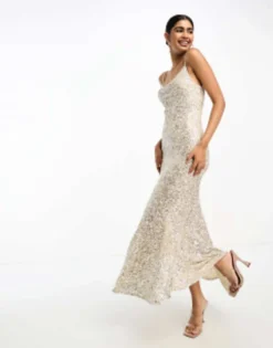 Never Fully Dressed Bridal Sequin Cowl Neck Midaxi Dress In Champagne