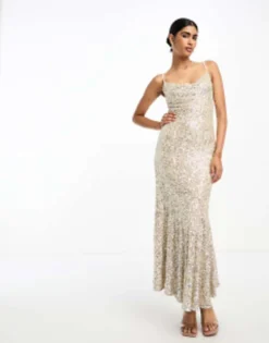 Never Fully Dressed Bridal Sequin Cowl Neck Midaxi Dress In Champagne -RIVER ISLAND || PULL & BEAR || ONLY Sales Store 204725618 3