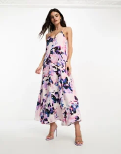 Selected Femme Satin Cami Maxi Dress In Abstract Print