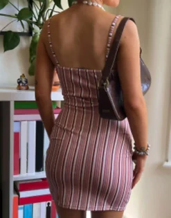 Daisy Street X Chloe Davie 90s Cami Mini Dress In Brown Stripe -RIVER ISLAND || PULL & BEAR || ONLY Sales Store 204726649 4