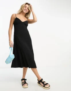 Stradivarius Crinkle Cami Midi Dress In Black