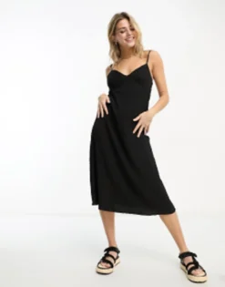 Stradivarius Crinkle Cami Midi Dress In Black -RIVER ISLAND || PULL & BEAR || ONLY Sales Store 204728316 4