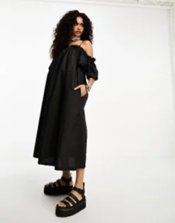 Object Tie Shoulder Oversized Smock Maxi Dress In Black