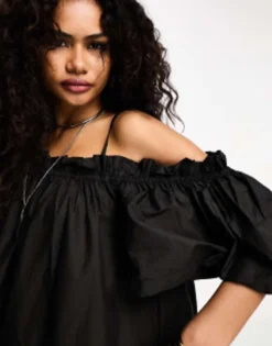 Object Tie Shoulder Oversized Smock Maxi Dress In Black -RIVER ISLAND || PULL & BEAR || ONLY Sales Store 204730344 3