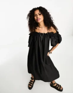 Object Tie Shoulder Oversized Smock Maxi Dress In Black -RIVER ISLAND || PULL & BEAR || ONLY Sales Store 204730344 4