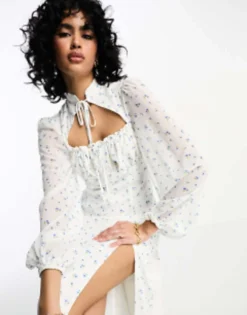 NA-KD High Tie Neck Maxi Dress In Blue Tulip Print -RIVER ISLAND || PULL & BEAR || ONLY Sales Store 204731239 3