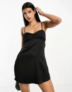 ASYOU Ruched Strap Back Bust Cup Satin Skater Dress In Black