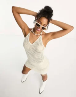 PULL & BEAR Pull&Bear Low Back Handmade Crochet Mini Dress In White