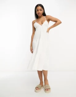 PULL & BEAR Pull&Bear Strappy Smock Midi Dress In White -RIVER ISLAND || PULL & BEAR || ONLY Sales Store 204746428 4