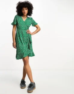Only Frill Wrap Mini Dress In Green Ditsy Floral -RIVER ISLAND || PULL & BEAR || ONLY Sales Store 204756312 3