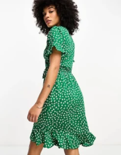 Only Frill Wrap Mini Dress In Green Ditsy Floral -RIVER ISLAND || PULL & BEAR || ONLY Sales Store 204756312 4
