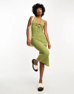 Only Exclusive Halter Neck Keyhole Detail Midi Dress In Geometric Print