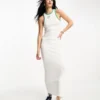 Only Exclusive Racer Neck Contrast Binding Maxi Dress In White & Green