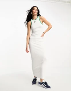 Only Exclusive Racer Neck Contrast Binding Maxi Dress In White & Green