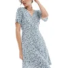 Only V Neck Tie Waist Mini Dress In Blue Floral