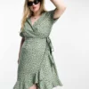 Only Curve Frill Wrap Mini Dress In Green Spot