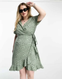 Only Curve Frill Wrap Mini Dress In Green Spot