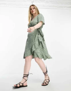 Only Curve Frill Wrap Mini Dress In Green Spot -RIVER ISLAND || PULL & BEAR || ONLY Sales Store 204757683 3