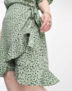 Only Curve Frill Wrap Mini Dress In Green Spot -RIVER ISLAND || PULL & BEAR || ONLY Sales Store 204757683 4