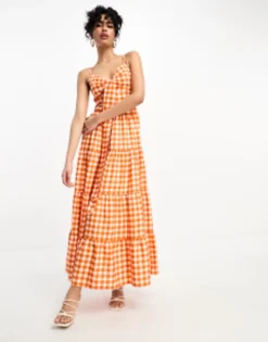 Little Mistress Maxi Dress In Gingham Orange Print