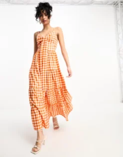 Little Mistress Maxi Dress In Gingham Orange Print -RIVER ISLAND || PULL & BEAR || ONLY Sales Store 204759824 4