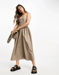 ASOS DESIGN Cotton Drop Waist Midi Skater Dress In Taupe -RIVER ISLAND || PULL & BEAR || ONLY Sales Store 204760591 3