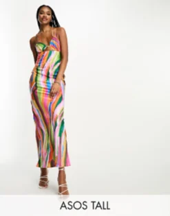 ASOS DESIGN Tall Satin Cut Out Detail Bust Maxi Dress In Multi Stripe Print