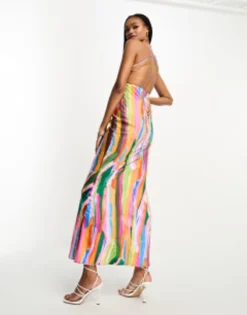 ASOS DESIGN Tall Satin Cut Out Detail Bust Maxi Dress In Multi Stripe Print -RIVER ISLAND || PULL & BEAR || ONLY Sales Store 204761994 4