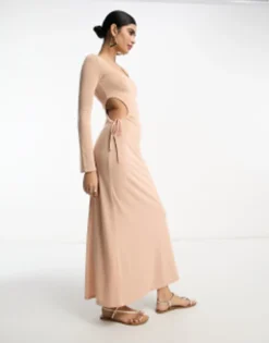 ASOS DESIGN Scoop Ruched Side Maxi Dress With Long Sleeve In Light Pink