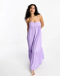 Esmee Exclusive Beach Textured Tiered Maxi Summer Dress In Purple -RIVER ISLAND || PULL & BEAR || ONLY Sales Store 204783533 3