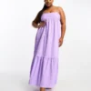 Esmee Plus Beach Textured Tiered Maxi Summer Dress In Lilac Waffle