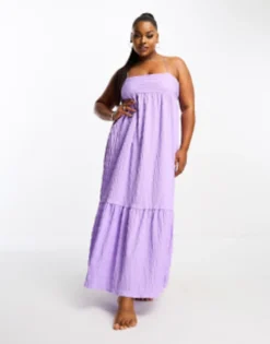 Esmee Plus Beach Textured Tiered Maxi Summer Dress In Lilac Waffle