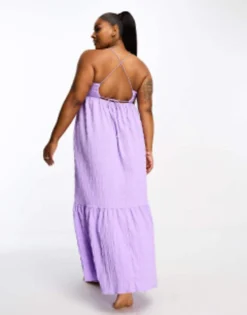 Esmee Plus Beach Textured Tiered Maxi Summer Dress In Lilac Waffle -RIVER ISLAND || PULL & BEAR || ONLY Sales Store 204783620 3