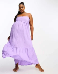 Esmee Plus Beach Textured Tiered Maxi Summer Dress In Lilac Waffle -RIVER ISLAND || PULL & BEAR || ONLY Sales Store 204783620 4