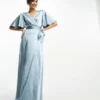 Six Stories Bridesmaids Angel Sleeve Sleeve Wrap Satin Maxi Dress In Dusty Blue