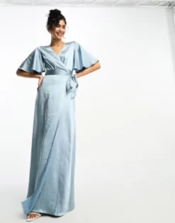 Six Stories Bridesmaids Angel Sleeve Sleeve Wrap Satin Maxi Dress In Dusty Blue