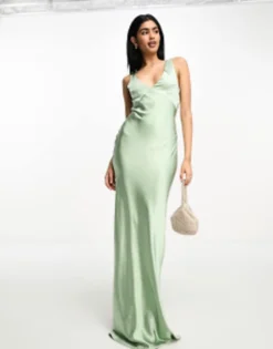 Six Stories Bridesmaids Twist Back Satin Slip Dress In Sage