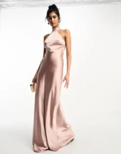 Six Stories Bridesmaids Halter Neck Satin Maxi Dress In Rose