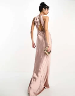 Six Stories Bridesmaids Halter Neck Satin Maxi Dress In Rose -RIVER ISLAND || PULL & BEAR || ONLY Sales Store 204785866 4