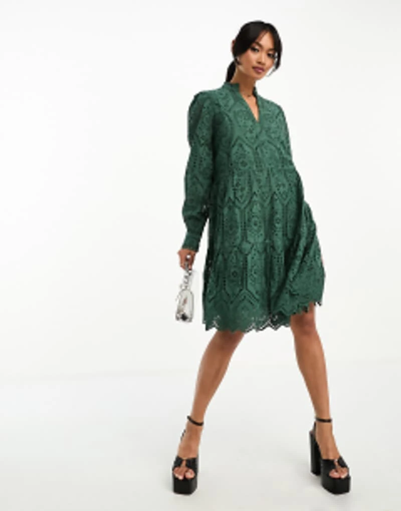 Y.A.S Broderie Mini Smock Dress In Green 1 Y.A.S Broderie Mini Smock Dress In Green