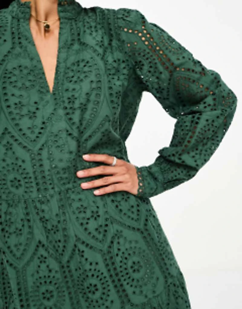 Y.A.S Broderie Mini Smock Dress In Green 2 Y.A.S Broderie Mini Smock Dress In Green - Image 2
